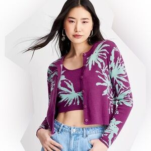 Future Collective Kahlana Barfield Brown Abstract Floral Cardigan Size S Purple